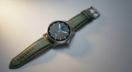 Modern luxury watch with glowing blue display and green leather strap
