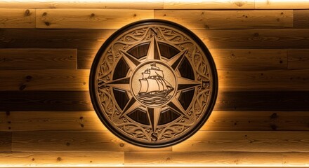 Intricate Wooden Compass Rose and Sailing Ship Art on Wood Wall