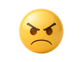 A bright yellow emoji face with angry furrowed eyebrows and a downturned mouth expressing frustration and displeasure isolated on transparent background