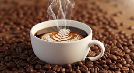 Steaming hot coffee with latte art on roasted coffee beans