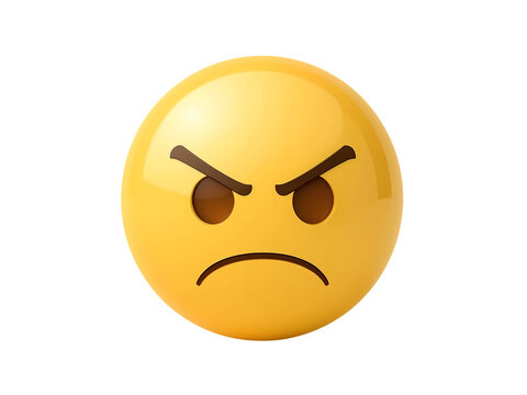 A bright yellow emoji face with angry furrowed eyebrows and a downturned mouth expressing frustration and displeasure isolated on transparent background