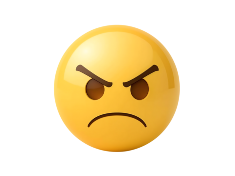 A bright yellow emoji face with angry furrowed eyebrows and a downturned mouth expressing frustration and displeasure isolated on transparent background