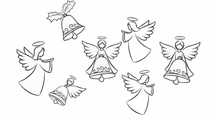 Outline drawing showing several angels and bells with holly for christmas decorations theme design