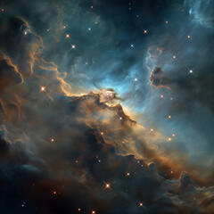 Fototapeta premium cosmic nebula in deep space, showcasing swirling clouds of gas and dust illuminated by starlight. It captures the grandeur and mystery of the universe