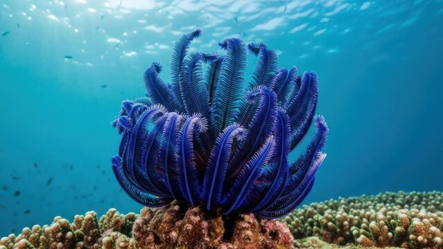 A vibrant blue feather star on a coral reef with a backdrop of blue water and other marine life.