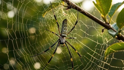 A spider on its web with a green background.