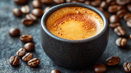Dark mug espresso, crema atop, coffee beans surround