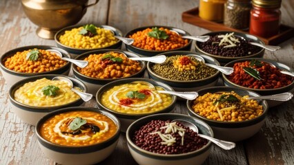 A variety of colorful lentil dishes arranged on a rustic wooden table.