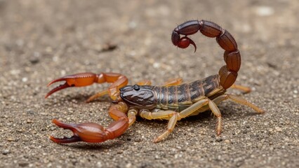A red and black scorpion with a red tail on a sandy ground.