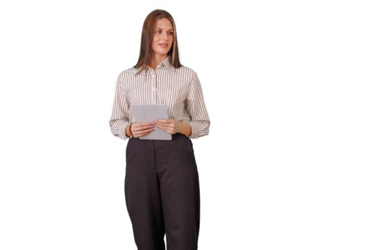 Businesswoman holding a digital tablet, looking sideways with a thoughtful expression, representing modern communication