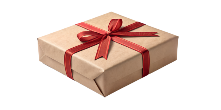 Isolated Christmas gift box wrapped in kraft paper with a red ribbon. Transparent PNG with realistic soft shadow, perfect for holiday designs, cards, banners, and compositions.