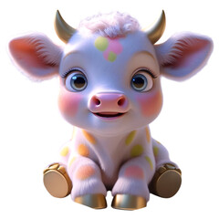 Fantasy 3D Cartoon Baby Cow with Pastel Polka Dots and Rainbow Hair