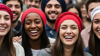Diverse group of smiling friends outdoors enjoying a sunny day together