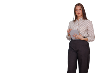 Businesswoman holding tablet, standing, looking at camera with confident expression, transparent background