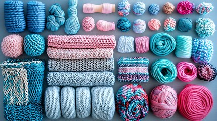 Flat lay of colorful yarn balls, knitted swatches, and textile patterns in blues, pinks, and teals, showcasing various textures for knitting and crochet crafts.