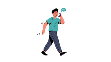 Dynamic illustration of a man walking briskly and talking on his smartphone, representing mobile communication and a connected, busy lifestyle