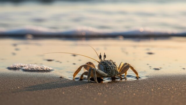 A hermit crab on a sandy beach with waves in the background.
