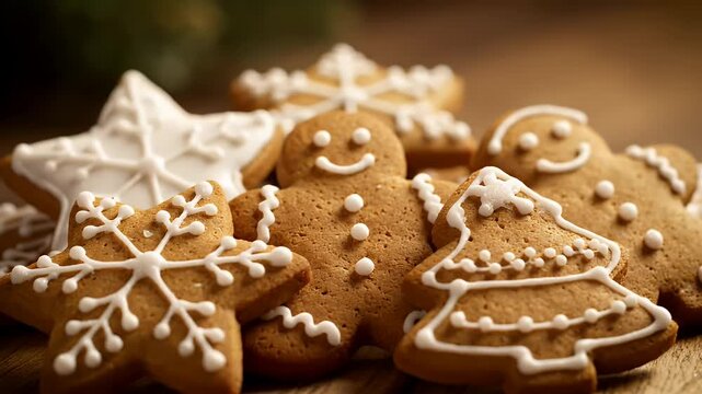 Festive Gingerbread Cookies Arranged on Rustic Wooden Surface with Christmas Tree and Star Shapes