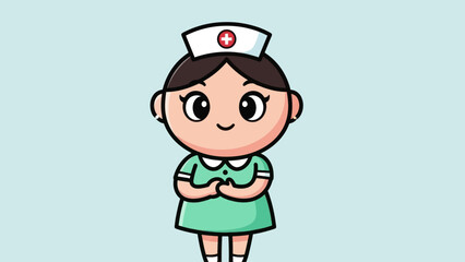 Fototapeta premium A cute cartoon illustration of a friendly female nurse in a green uniform and cap, smiling with her hands clasped.