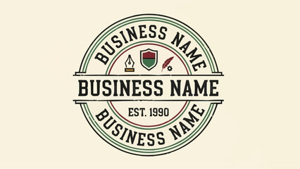 Fototapeta premium Vintage business logo with shield, pen, feather, and gear icons, established in nineteen ninety