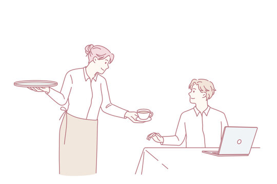 Smiling waitress serving coffee to male client in coffeeshop. Happy guy customer sit indoors in coffee shop get hot cappuccino drink from barista. Good quality service concept. Vector illustration.