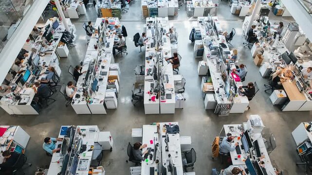 Busy open-plan office bustling with activity and focused professionals at computers