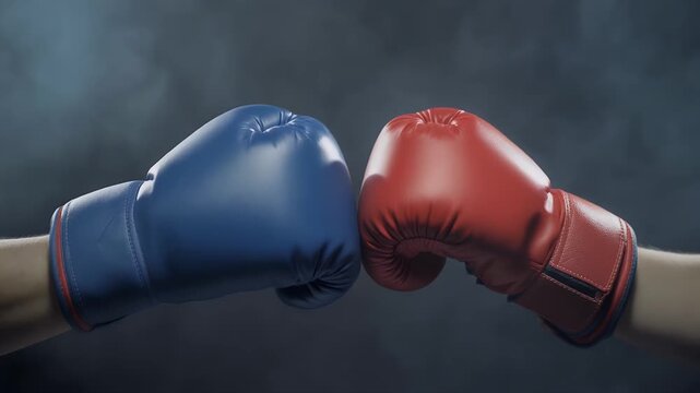 Red Versus Blue Boxing Gloves Clashing in Smoky Grey Arena Background