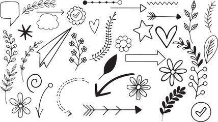 Hand drawn floral design set with decorative flower elements