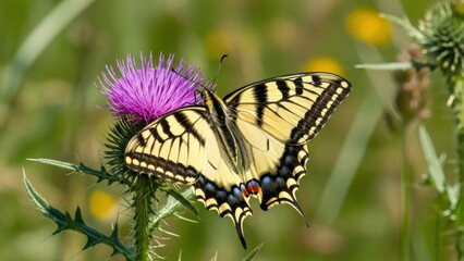 Fototapeta premium A yellow and black butterfly perched on a purple flower in a field of greenery.