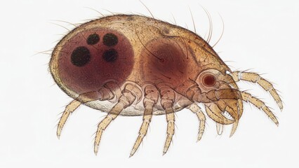 A brown and black spider with eight legs on a white background.