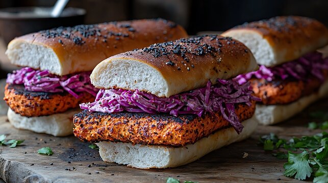 Spicy Grilled Fish Sandwiches with Purple Cabbage Slaw and Black Sesame Seeds, Served on a Wooden Board - Powered by Adobe