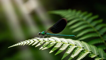 A dragonfly perched on a fern leaf with a blurred green background.