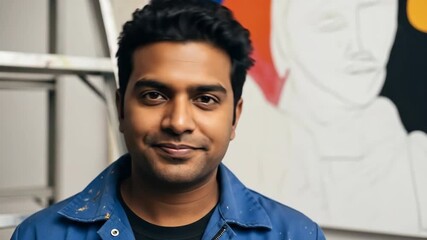 Artistic expression: man in blue jacket communicates through facial expressions in urban setting