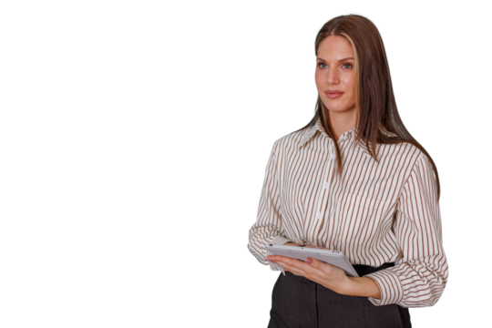 Businesswoman holding a tablet, looking away, working on digital strategy, transparent background