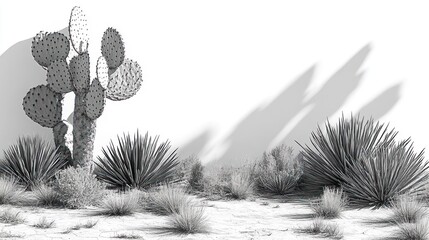 Desert grayscale illustration with cacti and shadows