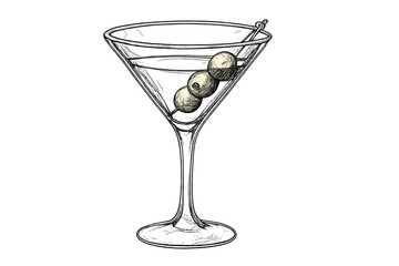 Detailed hand-drawn depiction of a classic martini cocktail served in a stemmed glass with olive garnish
