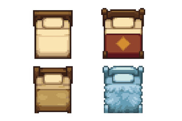 Set of four pixel style beds with wooden frames and various bedding designs