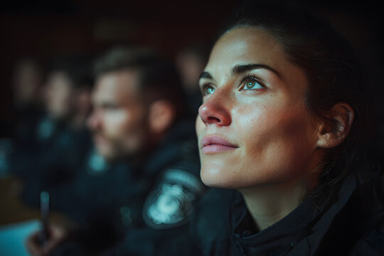Newly Recruited Police Cadets in Dark Uniforms Attending a Formal Training Session at the Police Academy. Excellent for editorial use covering law enforcement careers, police training programs