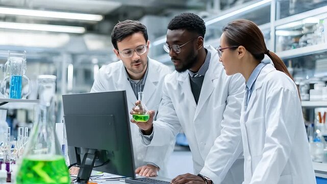 Diverse scientists collaborate in a modern lab, analyzing results on a computer screen with glowing green liquid.