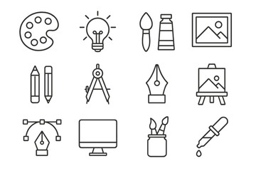 Outline icons set for graphic design, drawing, painting, and creative artistic tools