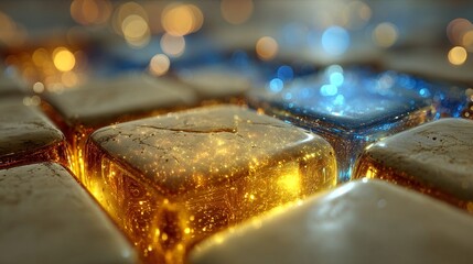 a close-up view of ice cubes with a blurry background of lights