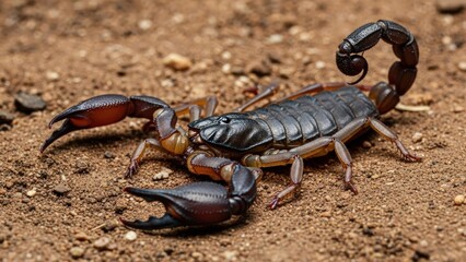 A black scorpion with red and black markings on its back and legs, resting on a sandy ground with small rocks and debris.