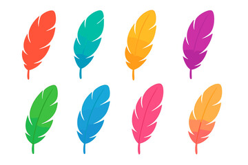 Eight colorful stylized bird feathers featuring bright gradient colors on a white background