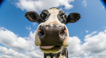 Funny close-up of a holstein cow with tongue out looking directly at camera