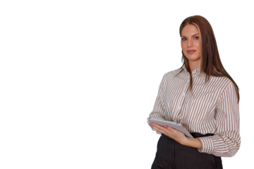 Confident businesswoman holding tablet and looking at camera for modern digital communication on transparent background