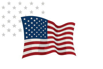 Fototapeta premium Dynamic waving American flag with scattered star shapes on white background