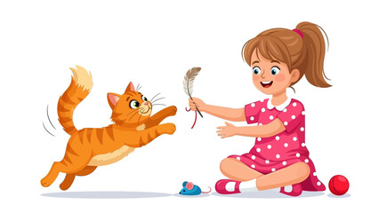 Girl Playing with Ginger Cat and Feather Toy, Illustration Style