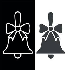 Classic hand bell with decorative ribbon icon isolated on black & white background