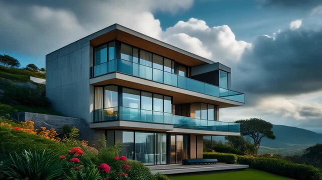 Modern Multi-Story House with Glass Balconies on a Hillside image photo