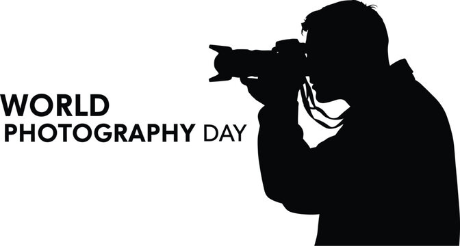 Silhouette of a photographer taking a picture with a camera, celebrating world photography day - Powered by Adobe